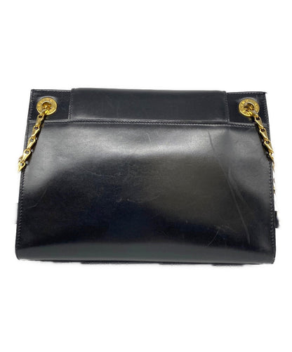 CELINE Purse Box calf circle logo chain shoulder bag Black Gold Leather Unisex