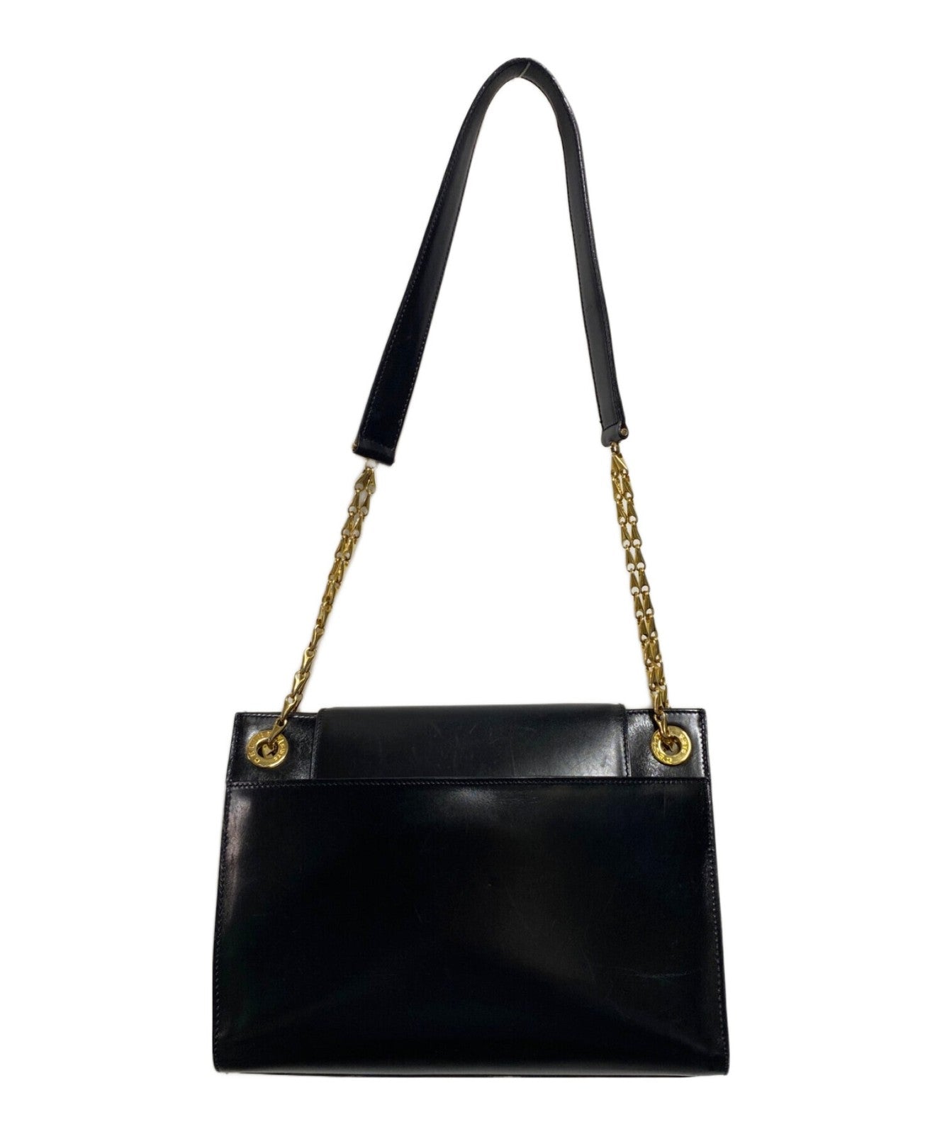 CELINE Purse Box calf circle logo chain shoulder bag Black Gold Leather Unisex