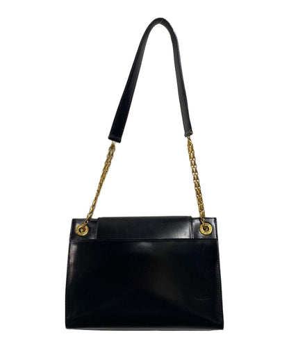 CELINE Purse Box calf circle logo chain shoulder bag Black Gold Leather Unisex
