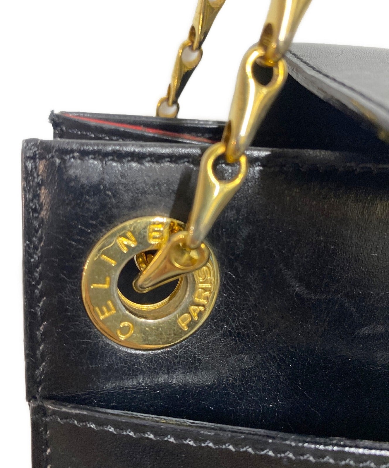 CELINE Purse Box calf circle logo chain shoulder bag Black Gold Leather Unisex