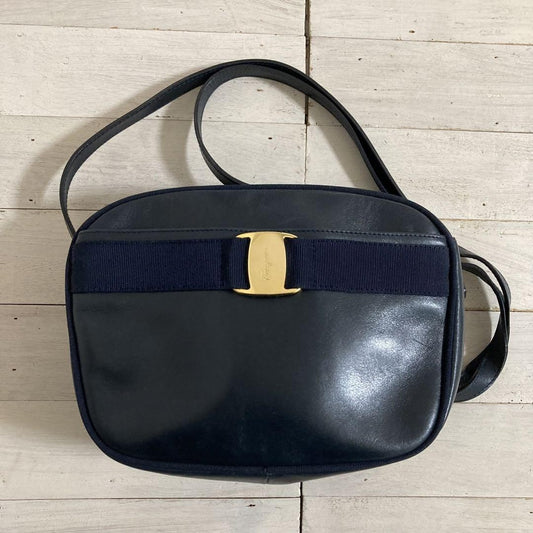 Salvatore Ferragamo Shoulder Bag Purse Leather Navy Authentic