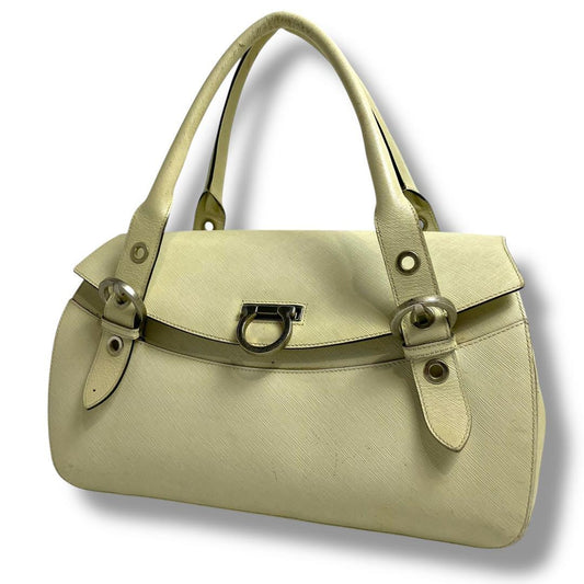 Salvatore Ferragamo Hand Bag Tote Purse Gancini Leather Beige Authentic