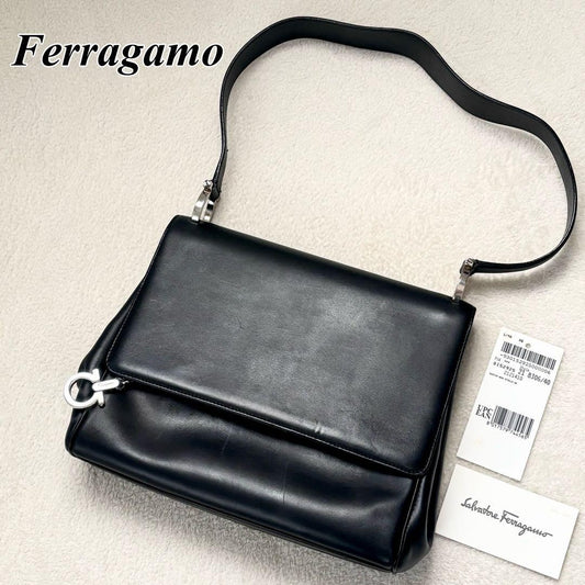 Salvatore Ferragamo Shoulder Bag Purse Gancini Leather Authentic Black