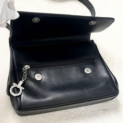 Salvatore Ferragamo Shoulder Bag Purse Gancini Leather Authentic Black