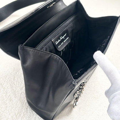 Salvatore Ferragamo Shoulder Bag Purse Gancini Leather Authentic Black