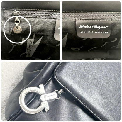 Salvatore Ferragamo Shoulder Bag Purse Gancini Leather Authentic Black