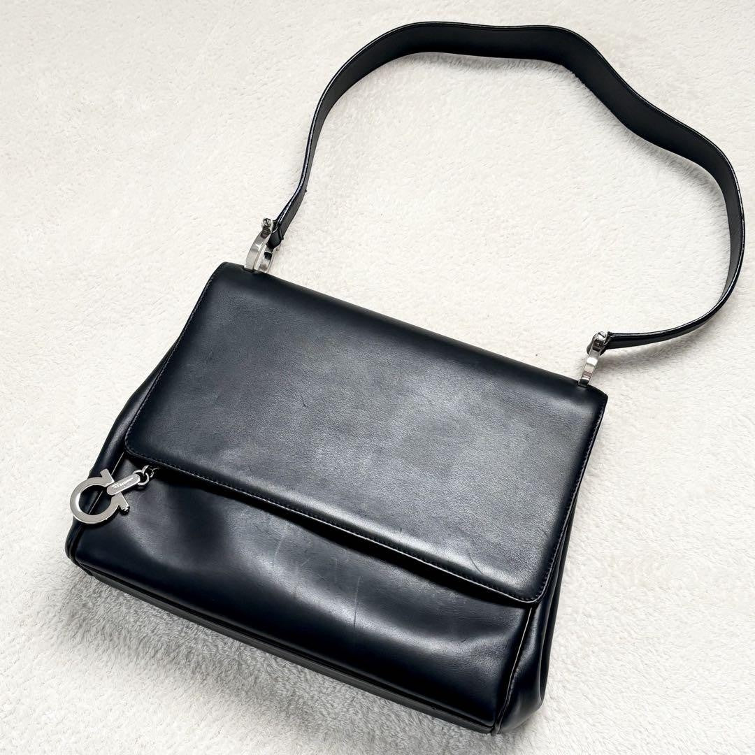 Salvatore Ferragamo Shoulder Bag Purse Gancini Leather Authentic Black