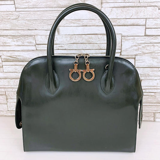 Salvatore Ferragamo Hand Bag Tote Purse Gancini Patent Leather Black Authentic