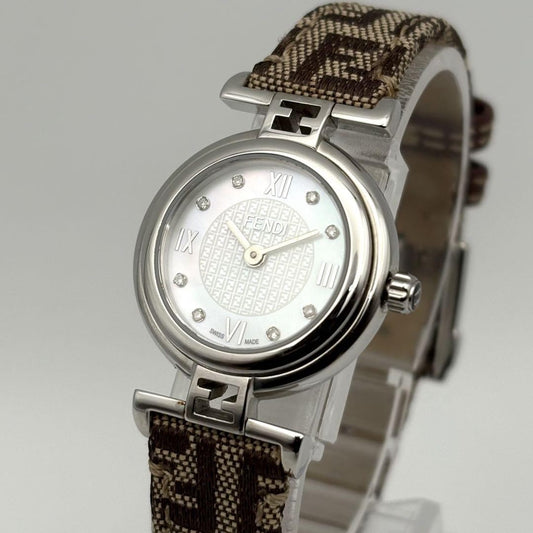FENDI Quartz Watch Wristwatch FF Zucca Logo Brown Silver Women's Authentic