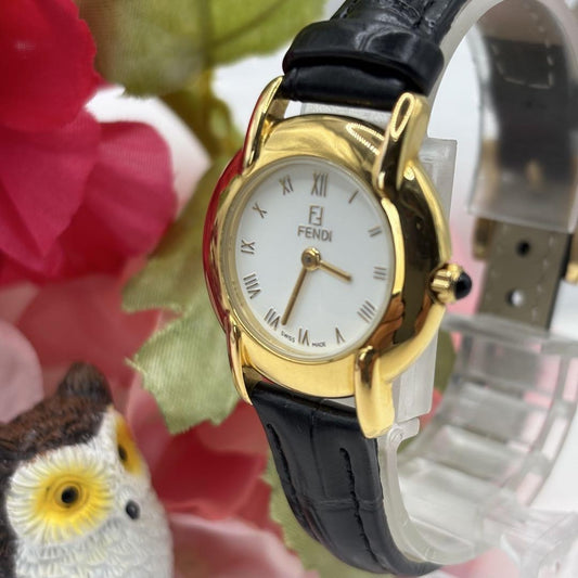 FENDI 410L Quartz Watch Wristwatch FF Logo Gold White Women's Authentic