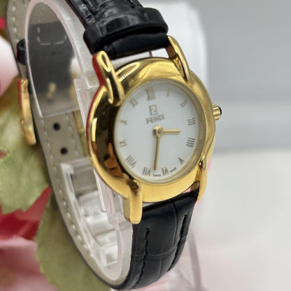 FENDI 410L Quartz Watch Wristwatch FF Logo Gold White Women's Authentic