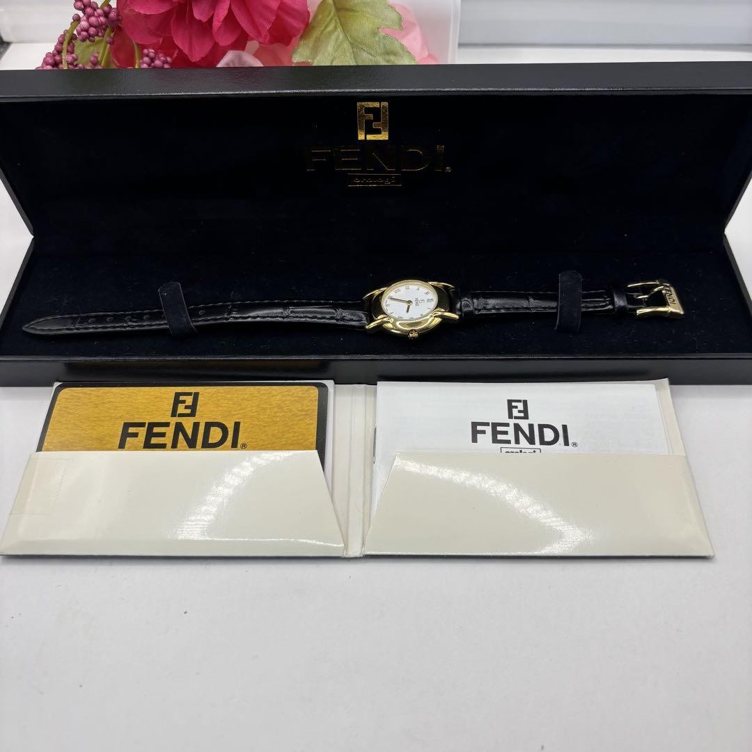 FENDI 410L Quartz Watch Wristwatch FF Logo Gold White Women's Authentic