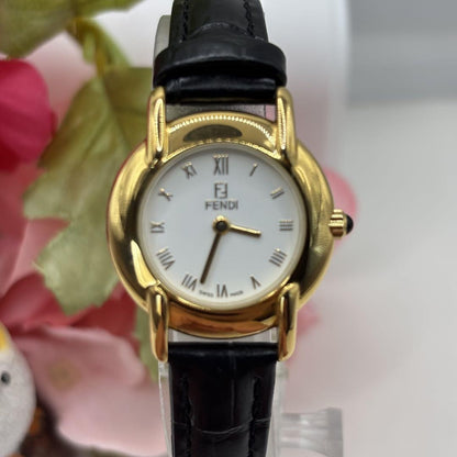 FENDI 410L Quartz Watch Wristwatch FF Logo Gold White Women's Authentic