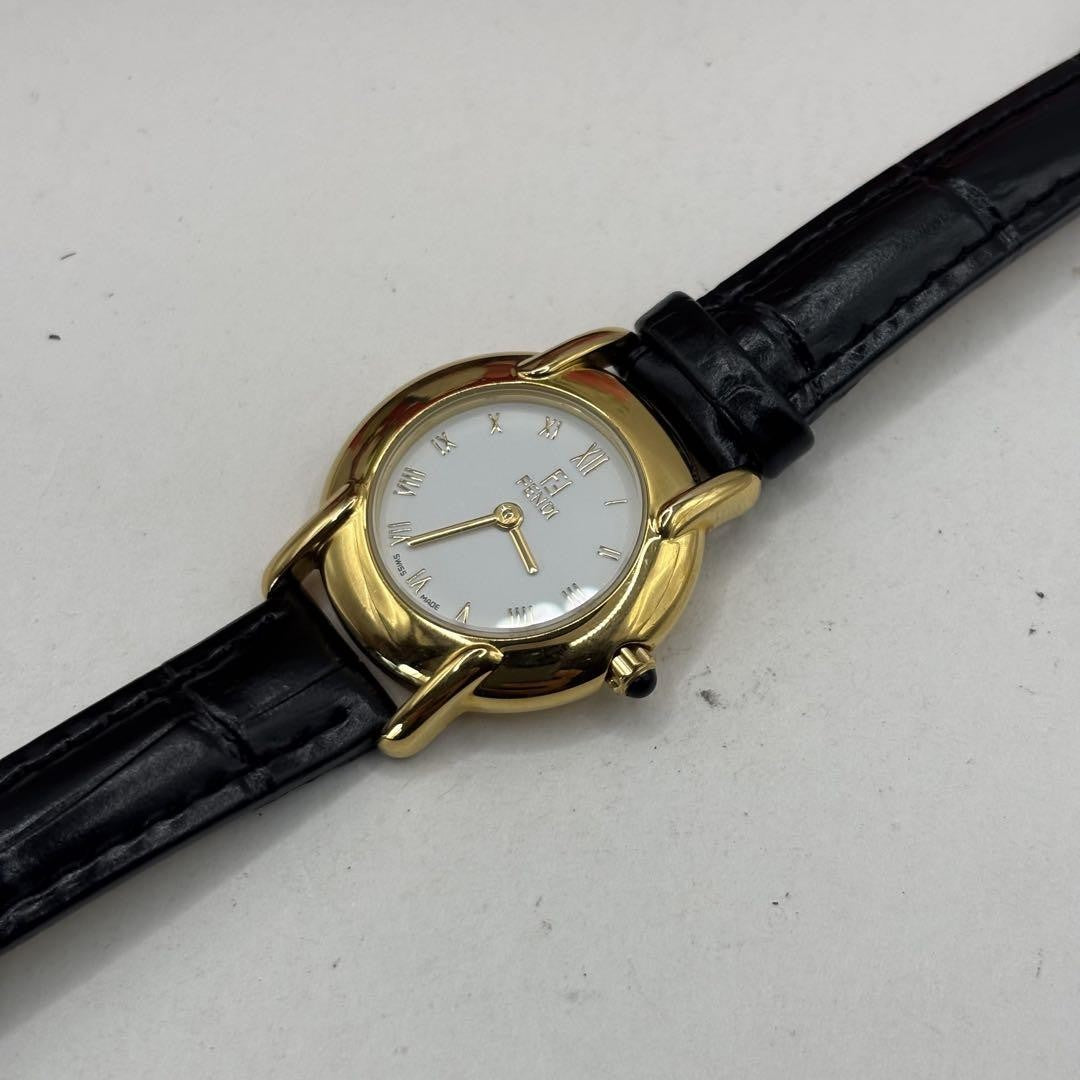 FENDI 410L Quartz Watch Wristwatch FF Logo Gold White Women's Authentic