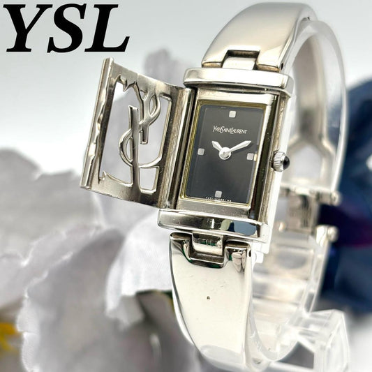 Saint Laurent Quartz Watch Wristwatch YSL Cassandra Black Silver Women's Auth
