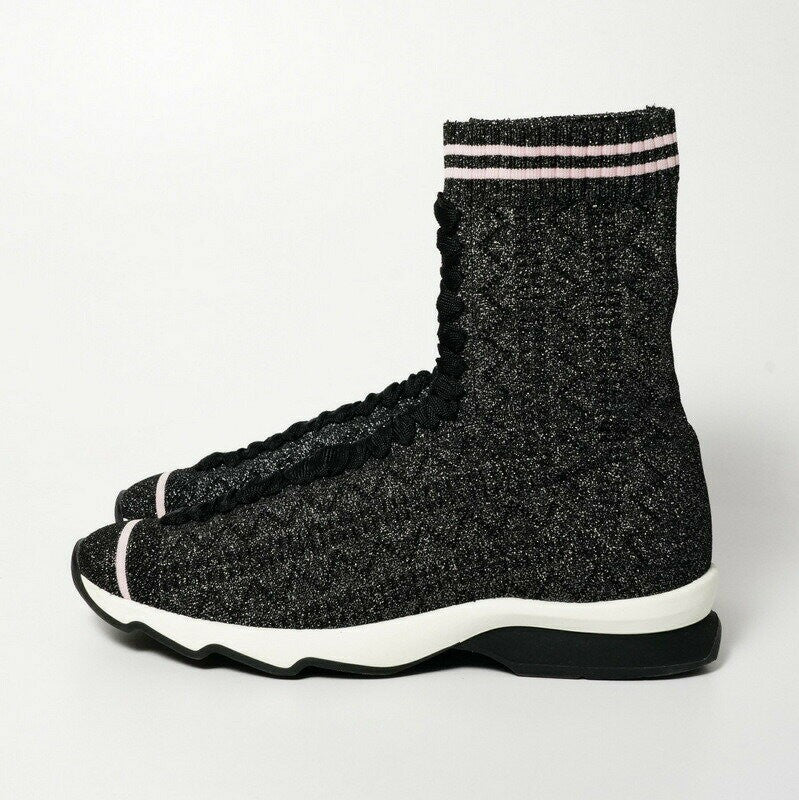 FENDI Socks Sneakers Shoes Glitter Knit Boots EU 39 US 9 Black Authentic