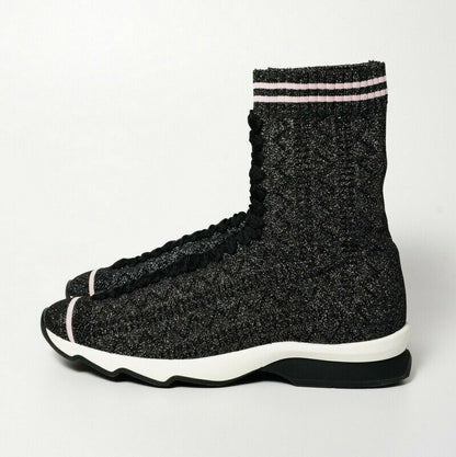 FENDI Socks Sneakers Shoes Glitter Knit Boots EU 39 US 9 Black Authentic