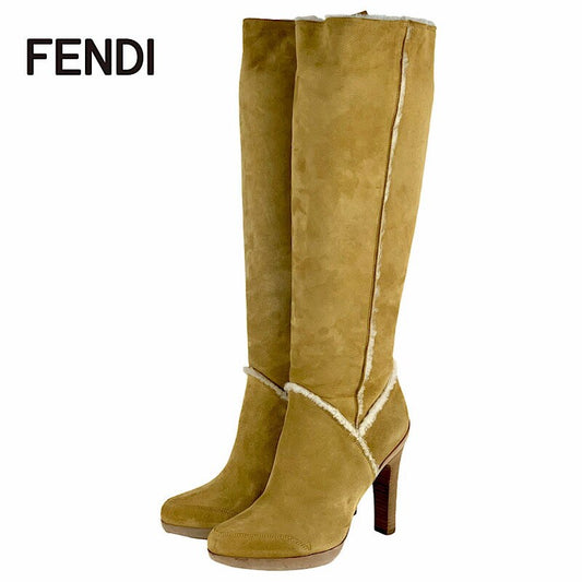 FENDI Long Boots Shoes EU 36.5 US 6.5 Suede Mouton Beige Authentic
