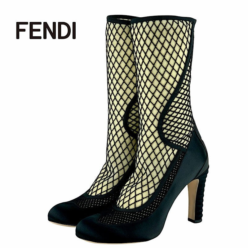 FENDI Short Boots Shoes EU 38 US 8 Fabric Satin Black Authentic