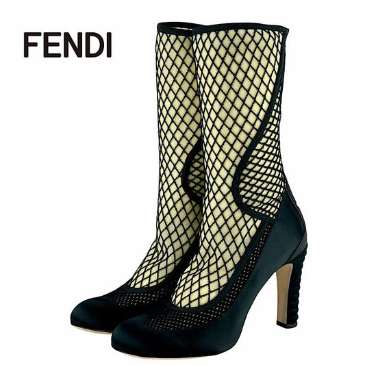 FENDI Short Boots Shoes EU 38 US 8 Fabric Satin Black Authentic