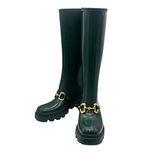 GUCCI Rain Long Boots Shoes Horsebit EU 36 US 6 Green Authentic