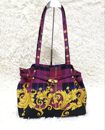 VERSACE Hand Bag Tote Purse Nylon Canvas Multicolor Pink Authentic