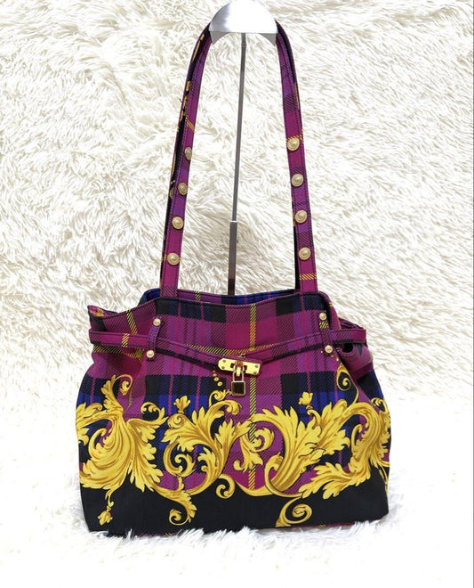 VERSACE Hand Bag Tote Purse Nylon Canvas Multicolor Pink Authentic