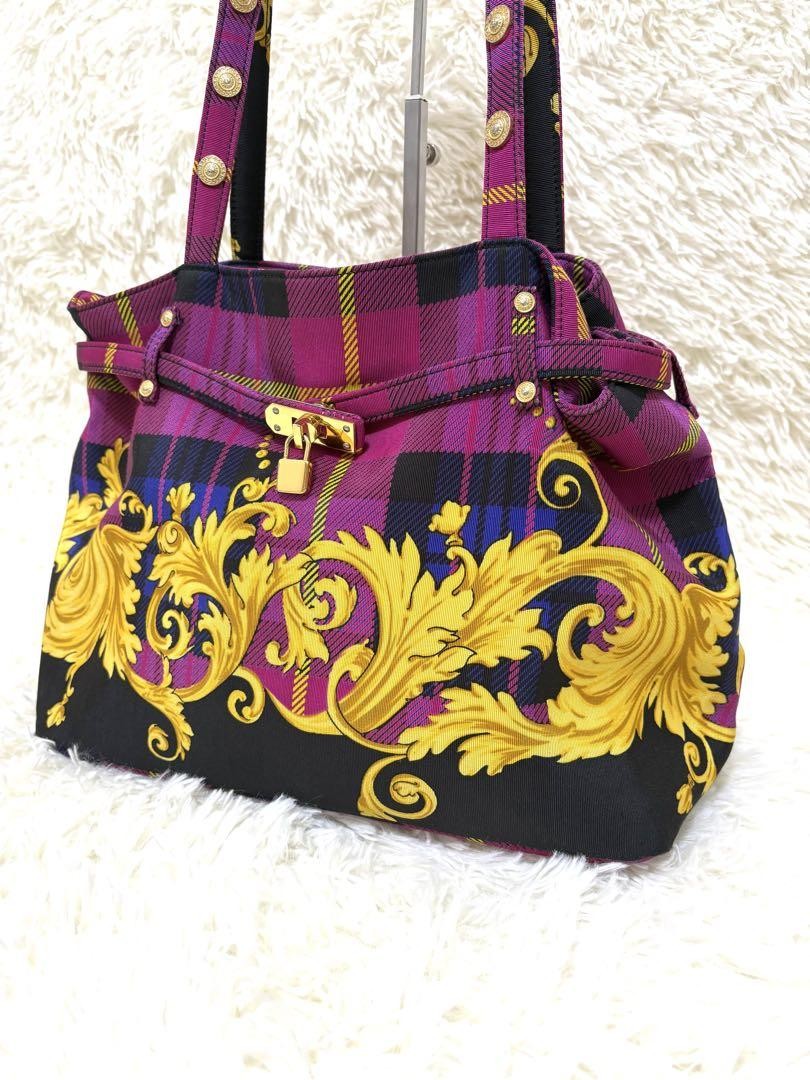 VERSACE Hand Bag Tote Purse Nylon Canvas Multicolor Pink Authentic