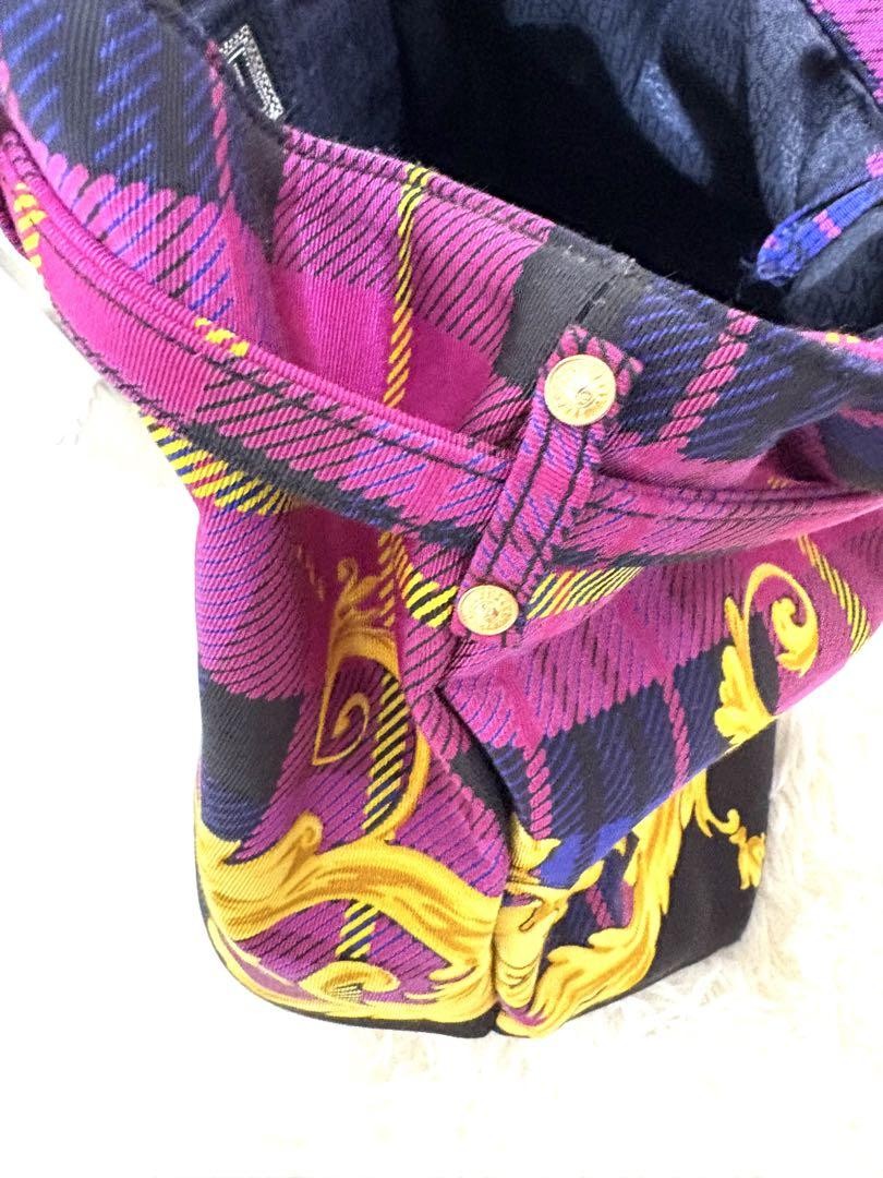 VERSACE Hand Bag Tote Purse Nylon Canvas Multicolor Pink Authentic