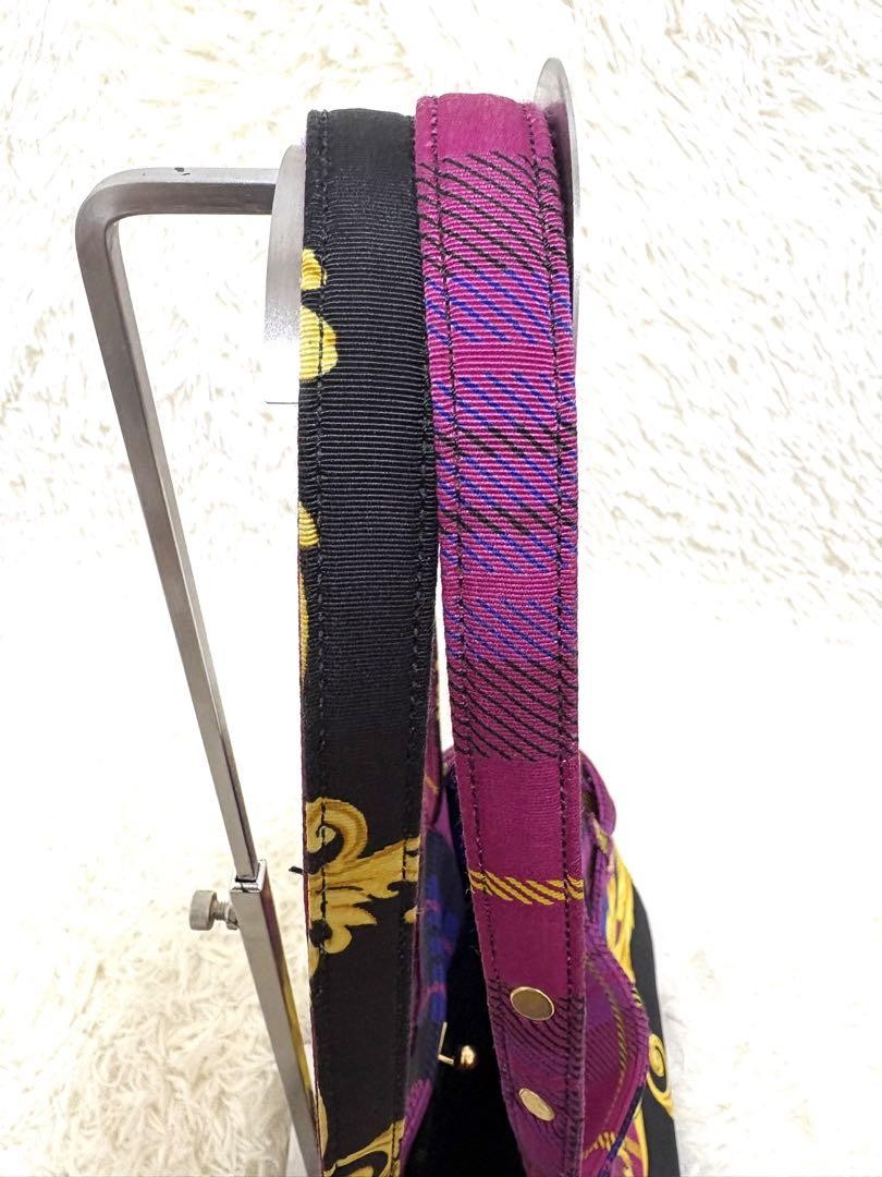 VERSACE Hand Bag Tote Purse Nylon Canvas Multicolor Pink Authentic