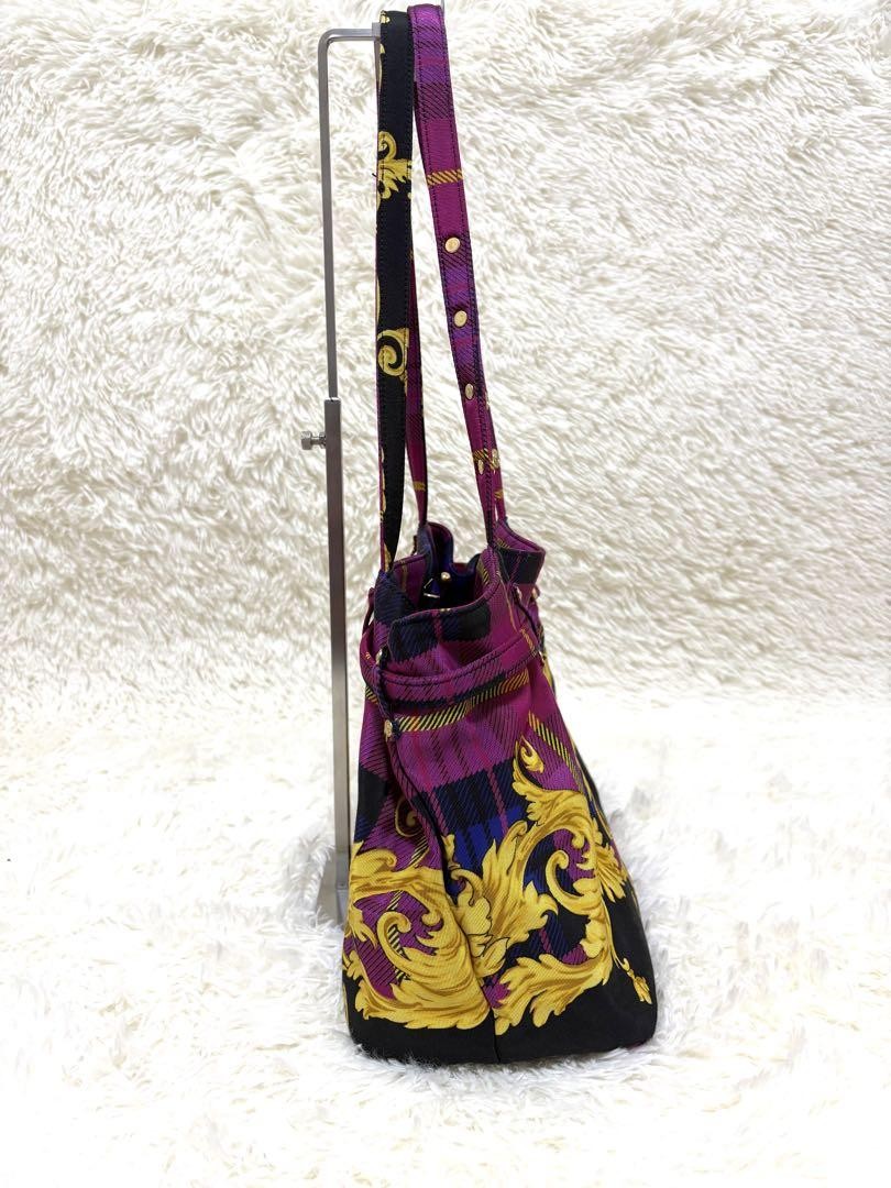VERSACE Hand Bag Tote Purse Nylon Canvas Multicolor Pink Authentic