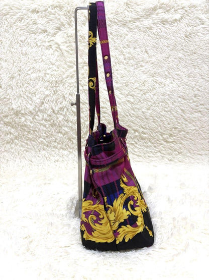 VERSACE Hand Bag Tote Purse Nylon Canvas Multicolor Pink Authentic