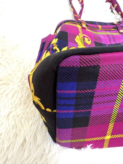 VERSACE Hand Bag Tote Purse Nylon Canvas Multicolor Pink Authentic