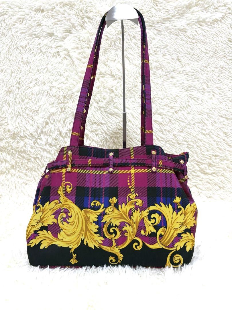 VERSACE Hand Bag Tote Purse Nylon Canvas Multicolor Pink Authentic