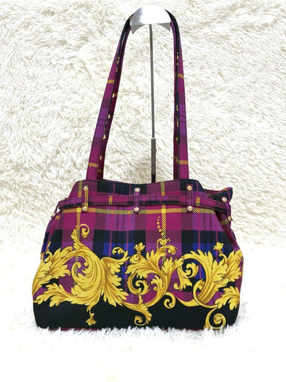 VERSACE Hand Bag Tote Purse Nylon Canvas Multicolor Pink Authentic