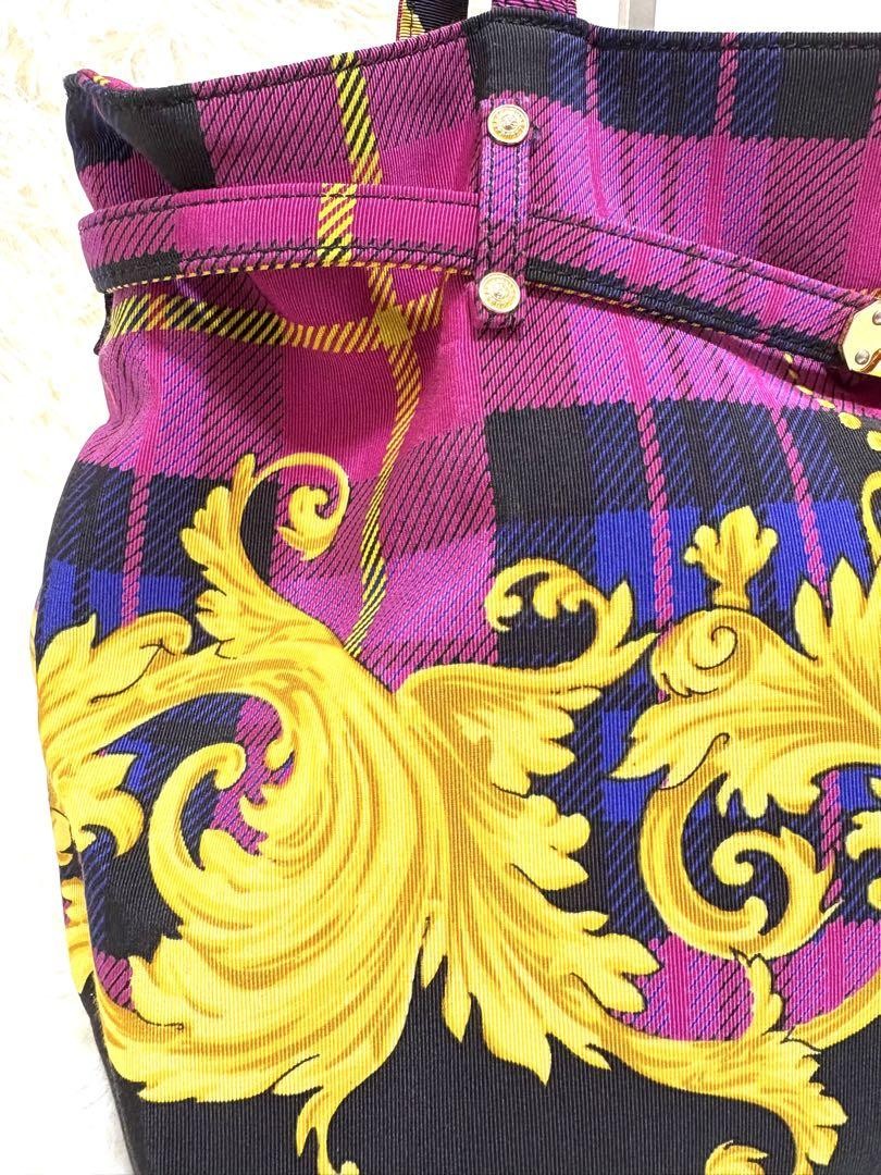 VERSACE Hand Bag Tote Purse Nylon Canvas Multicolor Pink Authentic