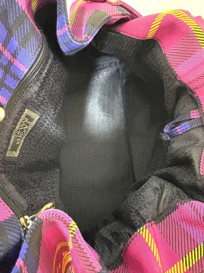 VERSACE Hand Bag Tote Purse Nylon Canvas Multicolor Pink Authentic