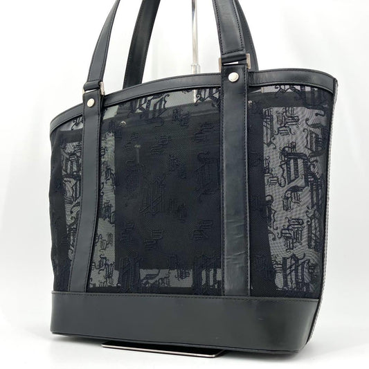 VERSACE Hand Bag Tote Purse Mesh Leather Black Authentic