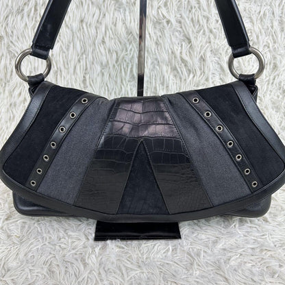 VERSACE Shoulder Bag Purse Leather Suede Black Authentic