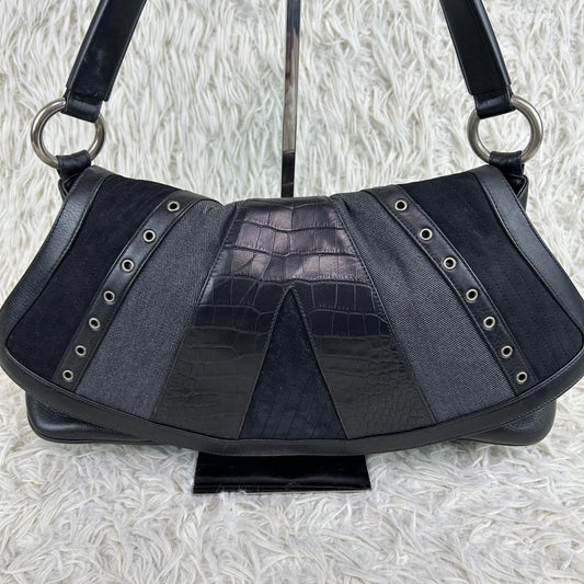VERSACE Shoulder Bag Purse Leather Suede Black Authentic