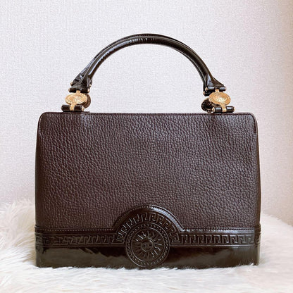 VERSACE Hand Bag Tote Purse Sunburst Leather Brown Authentic
