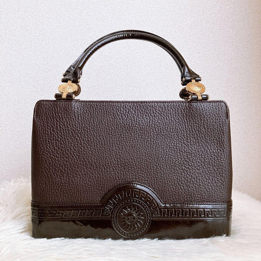 VERSACE Hand Bag Tote Purse Sunburst Leather Brown Authentic
