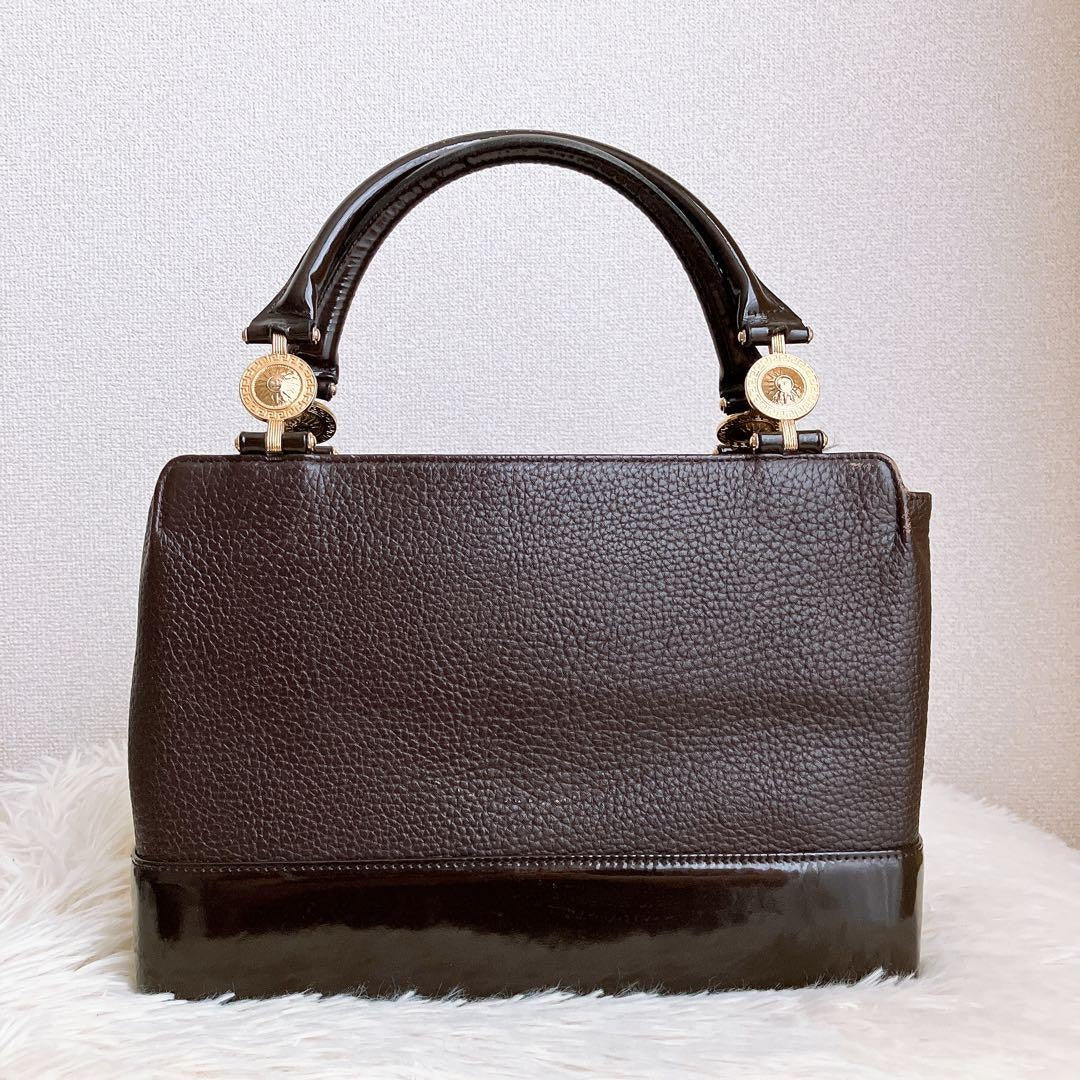 VERSACE Hand Bag Tote Purse Sunburst Leather Brown Authentic