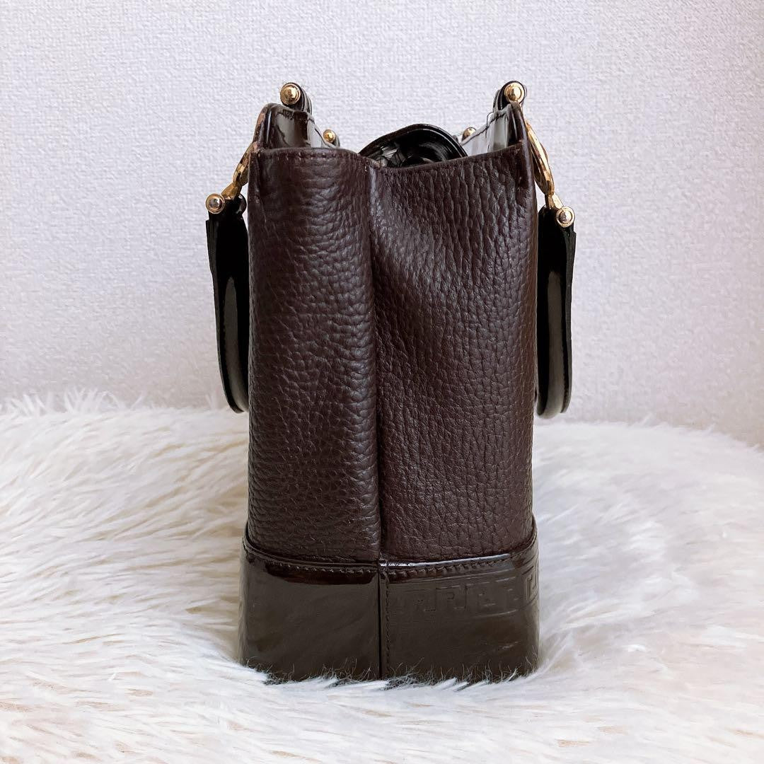 VERSACE Hand Bag Tote Purse Sunburst Leather Brown Authentic