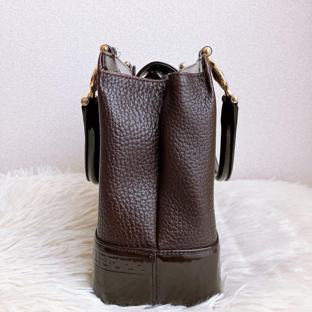 VERSACE Hand Bag Tote Purse Sunburst Leather Brown Authentic
