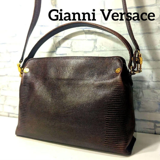 VERSACE Shoulder Bag Purse Leather Dark Brown Authentic