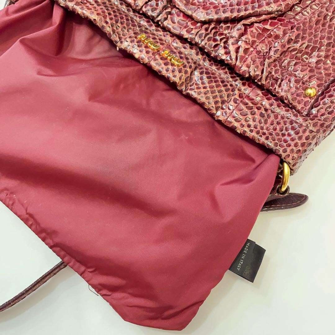 MIU MIU Hand Bag Tote Purse Logo Leather Wine Red Authentic