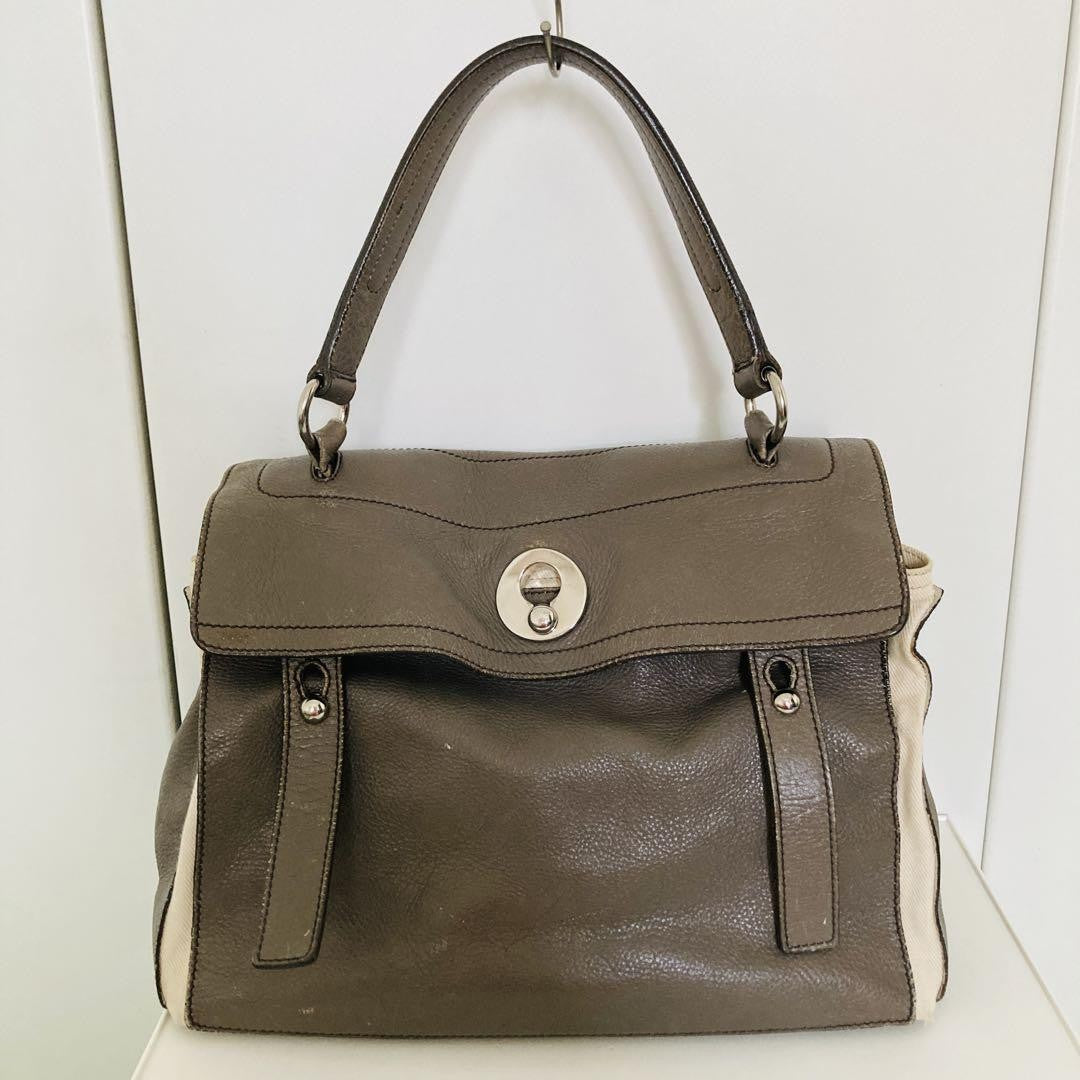 Saint Laurent Hand Bag Tote Purse Muse Toe Leather Canvas Greige Authentic