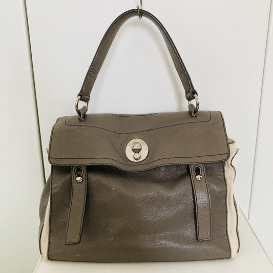 Saint Laurent Hand Bag Tote Purse Muse Toe Leather Canvas Greige Authentic