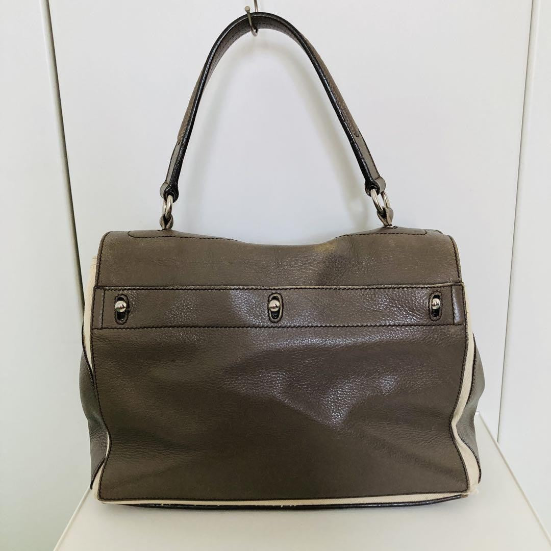 Saint Laurent Hand Bag Tote Purse Muse Toe Leather Canvas Greige Authentic